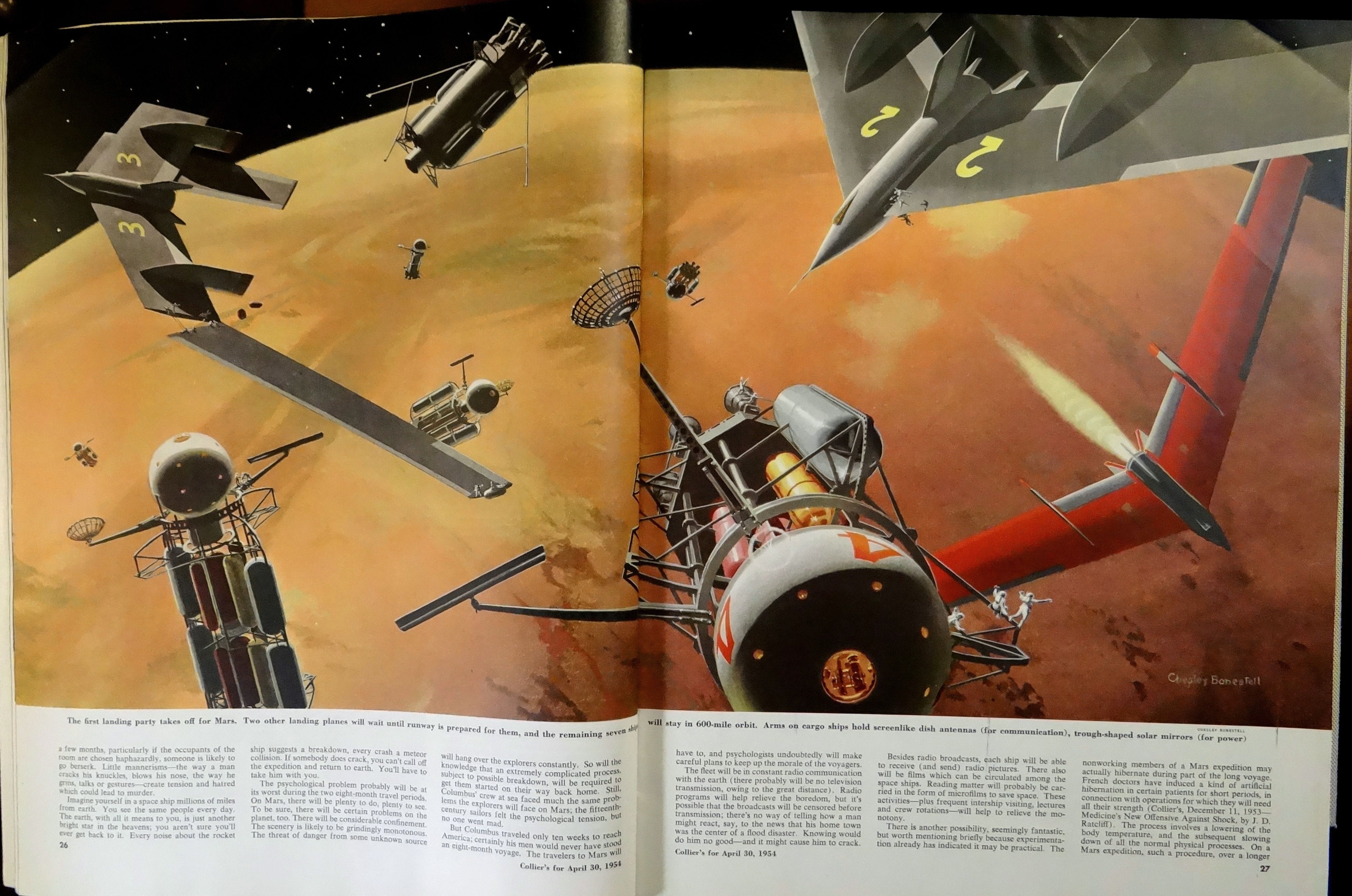 Collier's (April 30, 1954). Pages 26-27. Illustration by Chesley Bonestell
