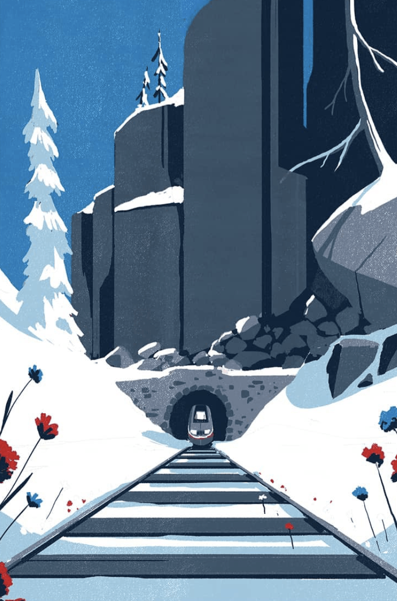 Train en hiver - - illustration d'un paysage réalisée par Tom Haugomat