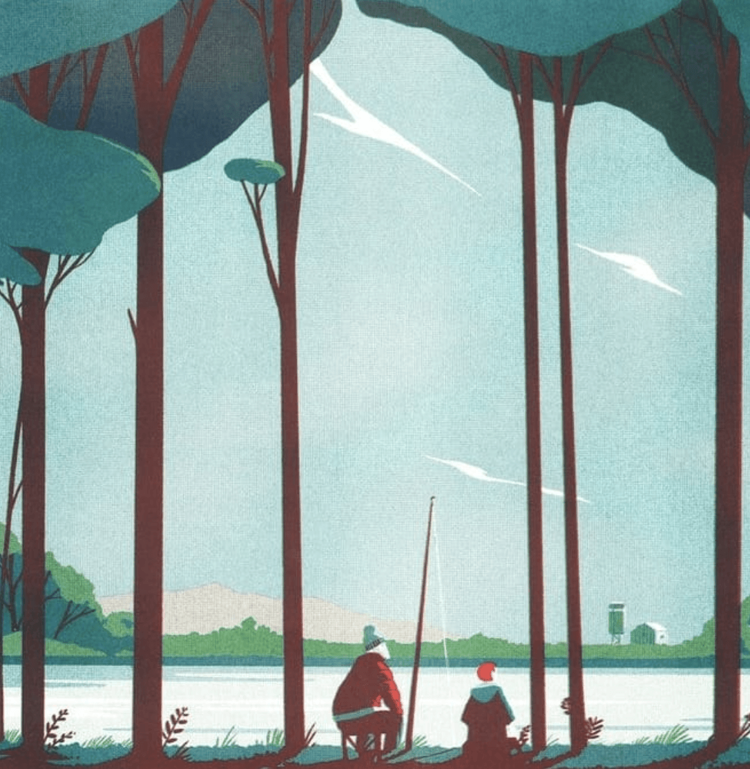 Pêche près d'un étang - illustration d'un paysage réalisée par Tom Haugomat