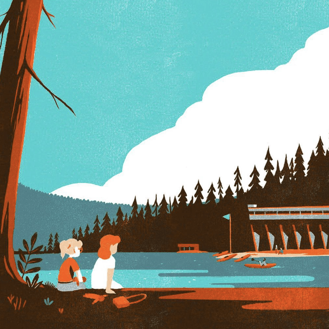Pêche près d'un étang - illustration d'un paysage réalisée par Tom Haugomat