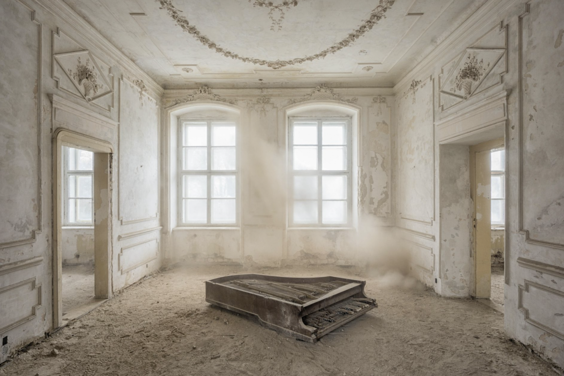 Photographie réalisée par Romain Thierry illustrant un piano détruit dans une salle poussiéreuse