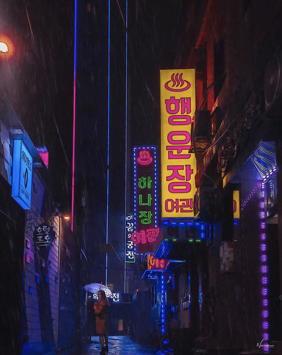 Photographie réalisée par Noé Alonzo illustrant une rue commerciale à Séoul
