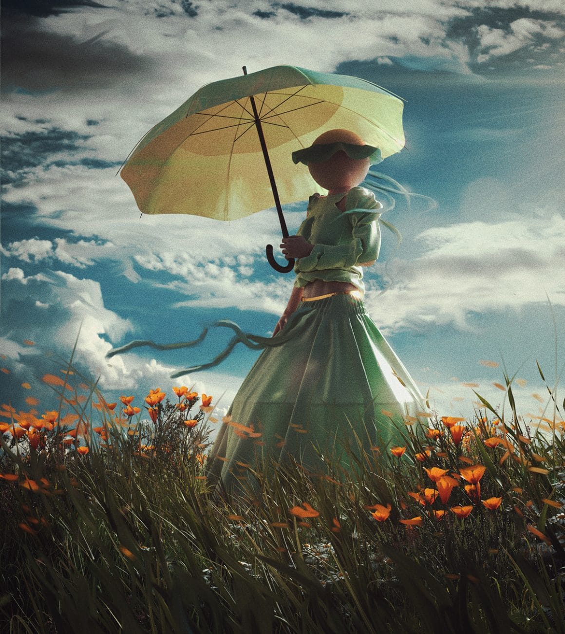 La promenade par Elia Pellegrini. Une femme portant un parasol se promène dans un champ de coquelicots. 