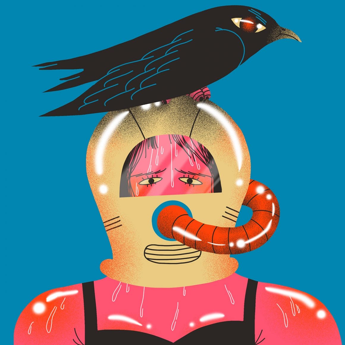 Statement illustrations par Genie Espinosa. Un personnage féminin dans un scaphandre, surmonté d'un corbeau. 