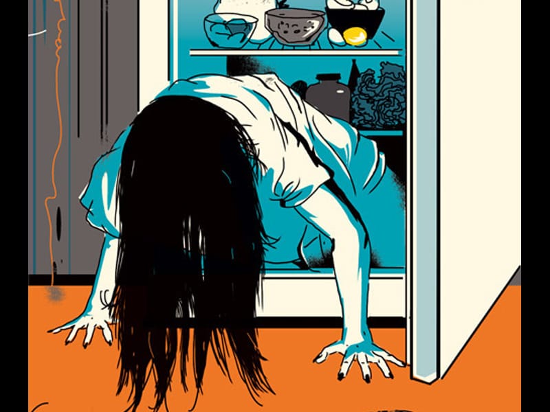 Valentin Tkach, Illustration inspirée de The ring. Une fillette inquiétante sort du réfrigérateur. 