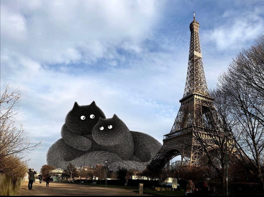 Chats devant la Tour Eiffel, un montage de l'artiste Kamwei Fong 