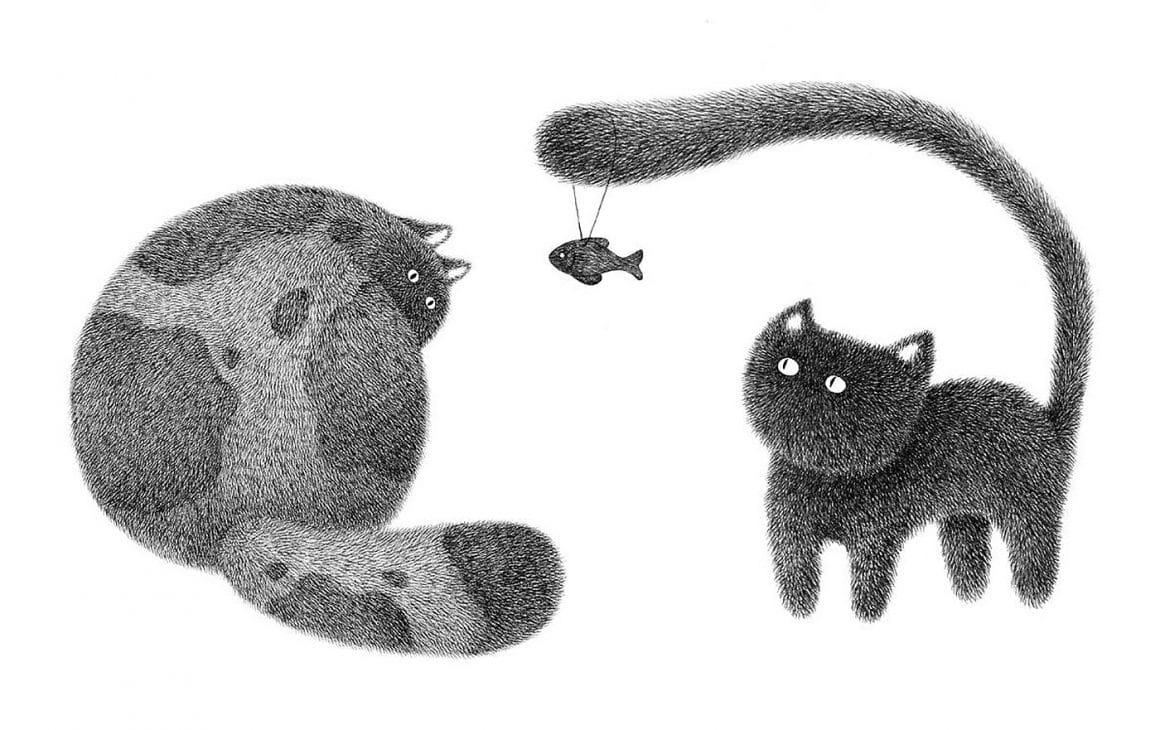 Chats et poisson, dessin de l'artiste malaisien Kamwei Fong 