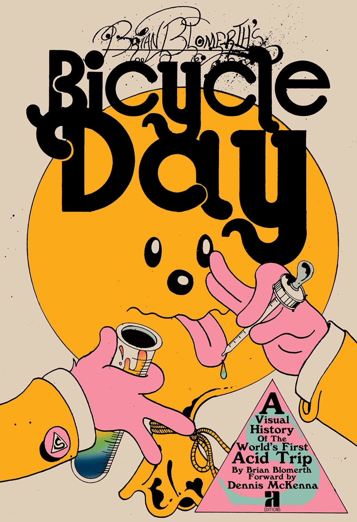 Brian Blomerth, couverture de "Bicycle Day" avec une main tenant une seringue l'autre une pipette devant un ballon. 