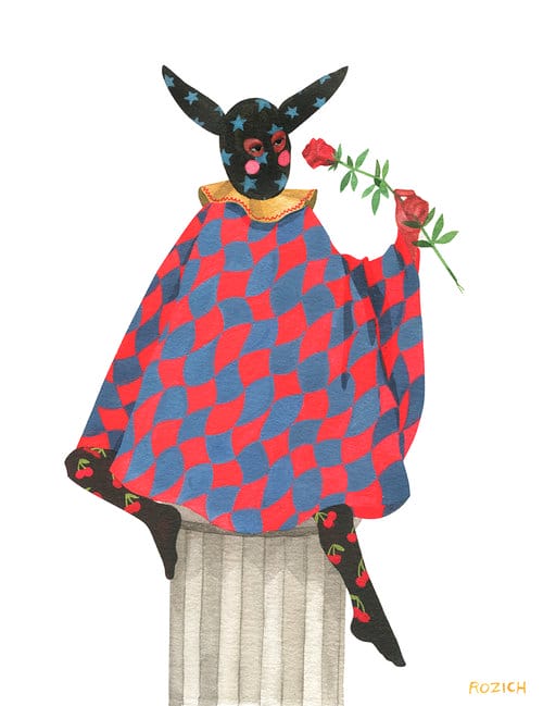 Stacey Rozich, un personnage assis sur un piédestal avec une tenue médiéval/ Renaissance avec une rose à la main. 