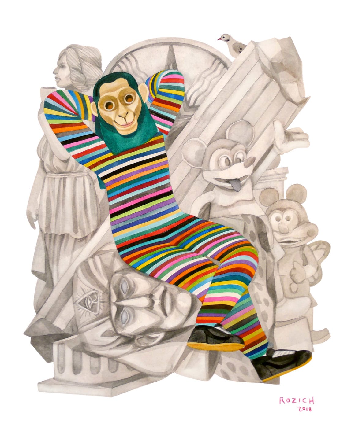 Stacey Rozich, Singe assis sur une sculpture en marbre représentant à la fois Mickey, un pharaon etc. 