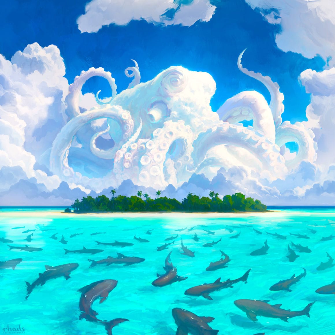 Pieuvre se mêlant aux nuages au dessus d'une ile entourée de requins