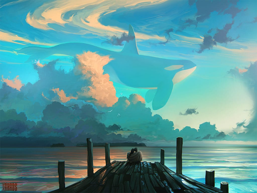 Couple assis sur un ponton regardant le ciel où se trouve une orque géante  par Artem Chebokha