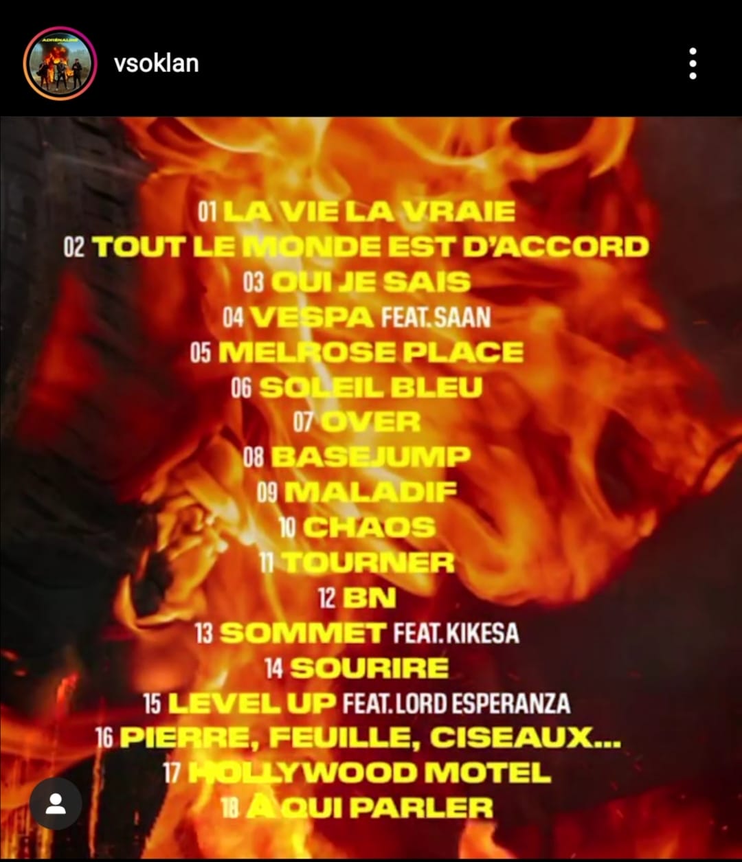 Photo de la liste des titres de l'album Adrénaline de VSO