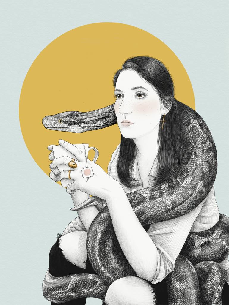 fille à la tasse avec un serpent autour d'elle dessin