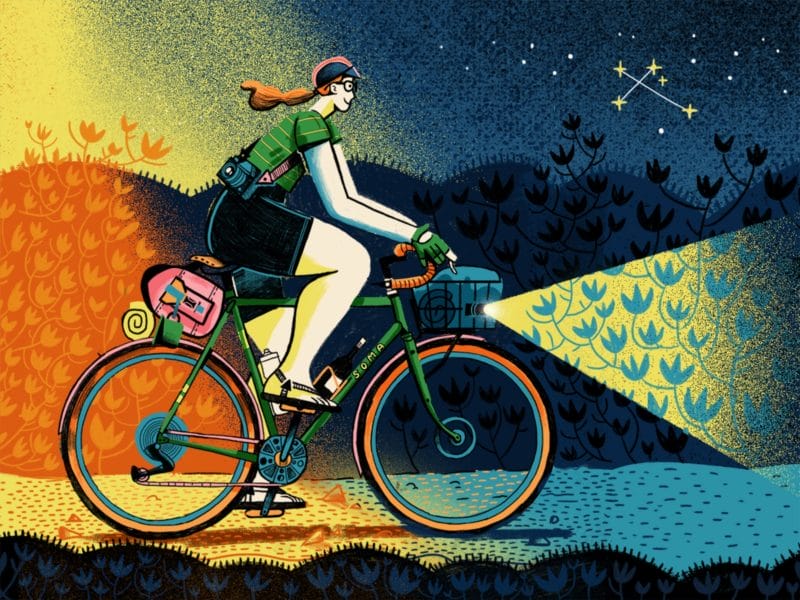 dessin femme vélo lunette casquette nuit 