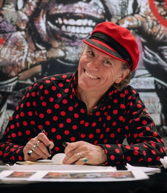 jef aérosol street art portrait artiste chemise à pois rouges beret rouge et noir