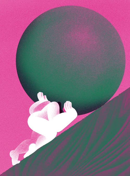 couverture magazine Sad monte boule géante mythe Sisyphe rose vert 