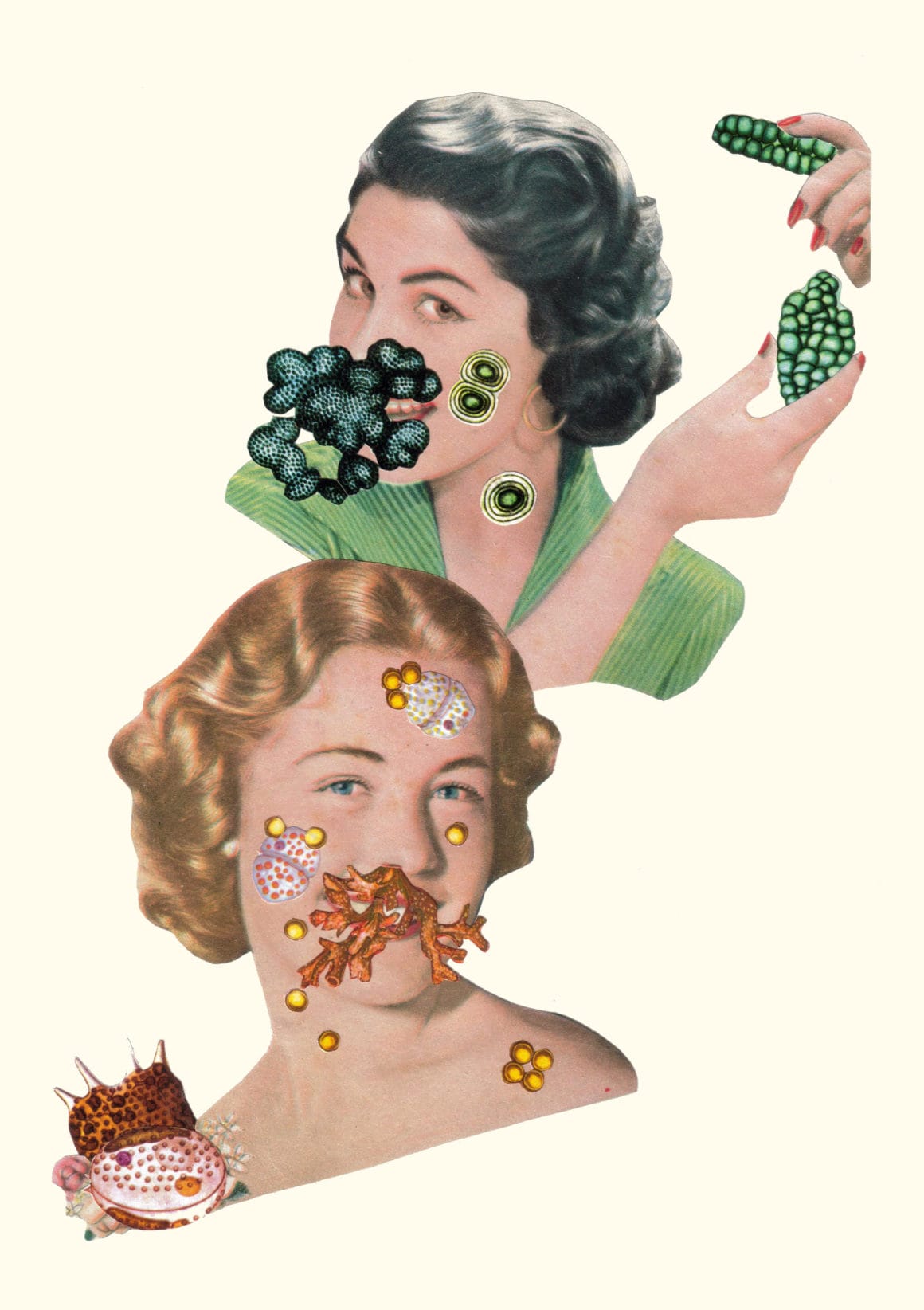 illustration style année 80 deux femmes collages fruits chemisiers 