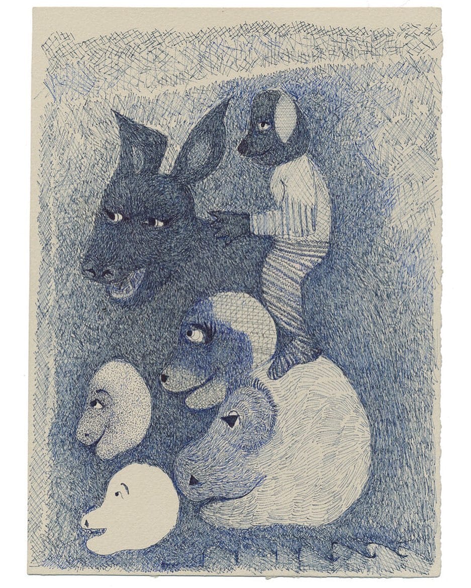 stylo bleu traits lièvre lapin tête singe chien homme dessins illustration Penny Davenport 