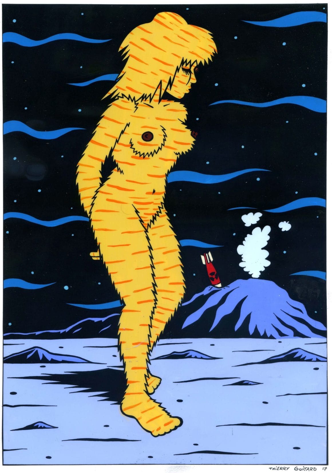 planète fusée rouge montagne femme poils jaune seins rayures orange 