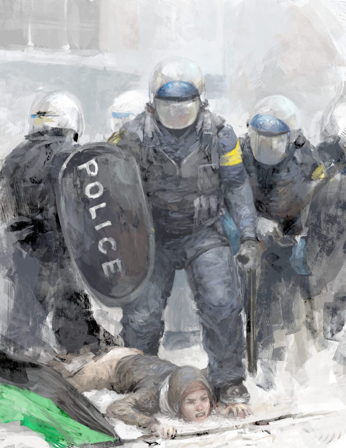 "Bouge" est une œuvre engagée dénonçant la répression policière par l'artiste québécois ArtAct