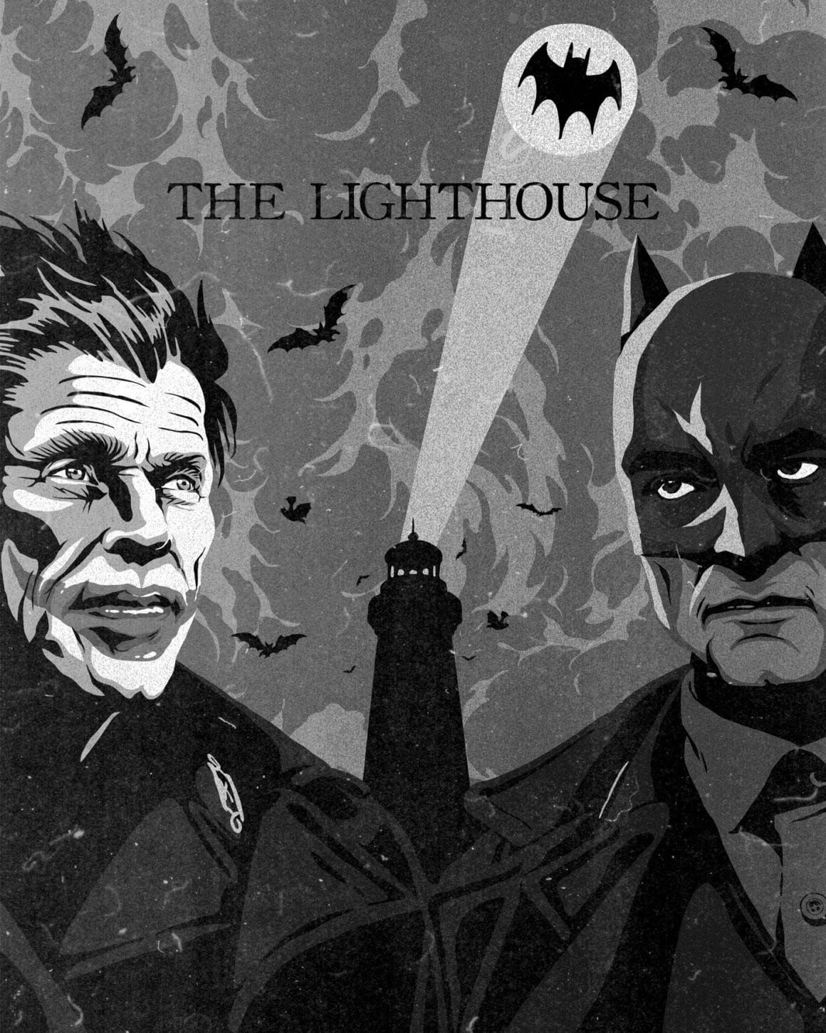 Illustration en noir et blanc, au premier plan Batman et le Joker. Derrière, un phare projet la chauve-souris, logo de Batman, dans le ciel