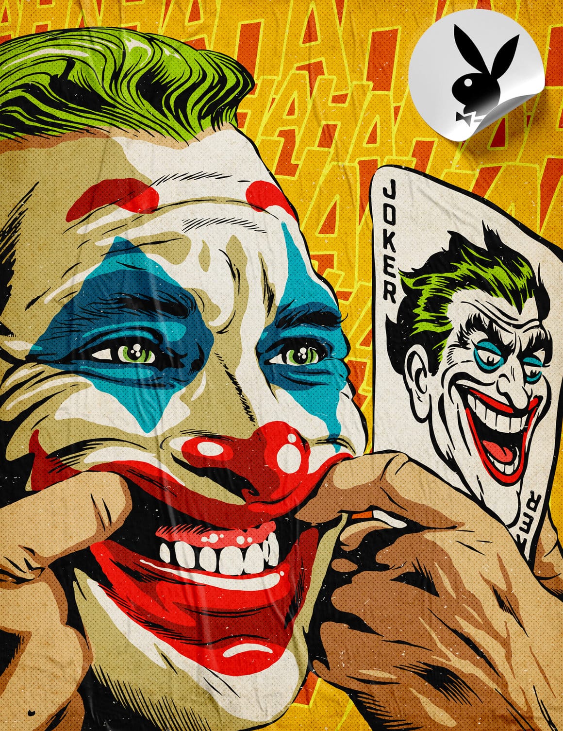 Illustration colorée d'un clown maquillé qui fait la grimace pour exagérer son sourire et imiter le Joker.