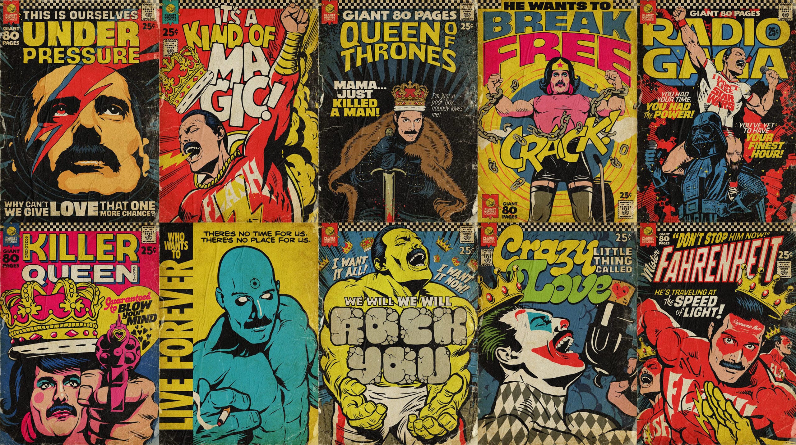 Assemblage d'illustrations style affiche pop art qui reprennent Freddie Mercury sous différentes formes