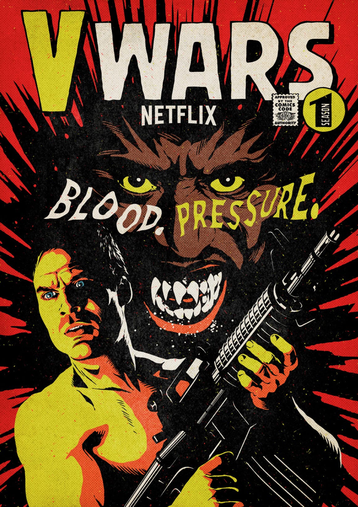 Fond rouge  avec un visage menaçant, un monstre qui montre les dents et devant un homme armé. Le titre "V Wars" est écrit en blanc et jaune en haut de l'illustration