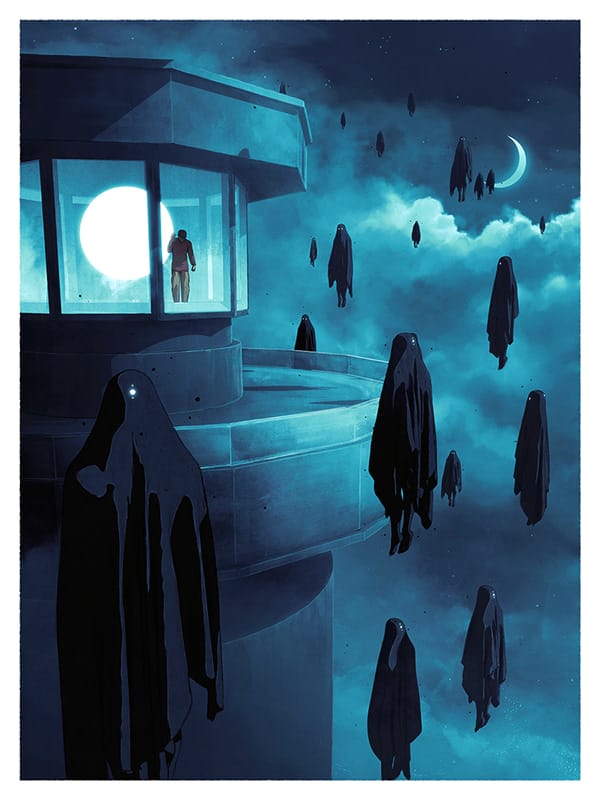 Illustration, lune et nuages en fond, un homme enfermé dans un phare, à l'extérieur des sortes de fantômes noirs volent et sont tournés vers l'homme