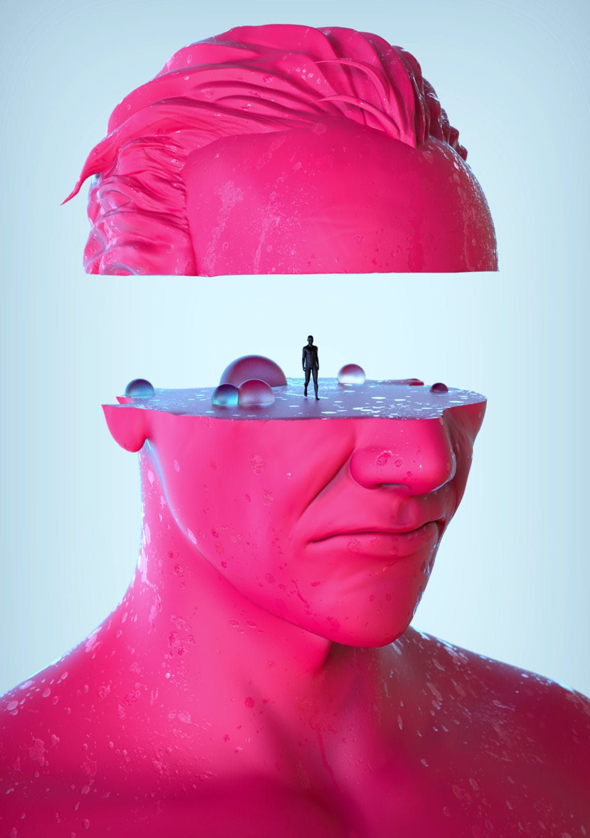 Illustration numérique, un visage rose d'homme géant est scindé en deux horizontalement. Un homme se tient debout sur la partie inférieure du visage.