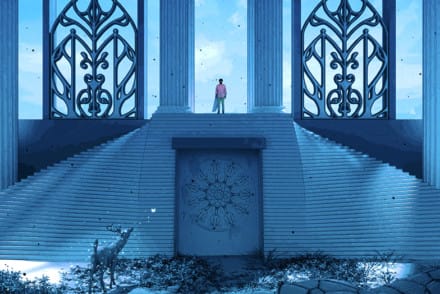 Un homme se tient en haut d'escalier, lesquels donnent sur une sculpture de main géant brisée et recouverte de végétation. Un cerf se tient à côté. Le tout est baigné d'une lumière bleue.
