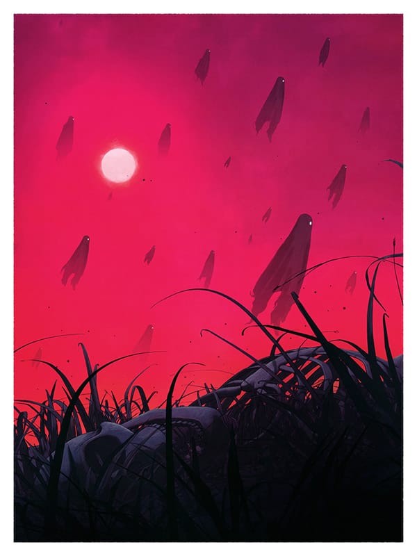 Illustration de fantômes noirs qui s'envolent dans un ciel rose/rouge, au premier plan un squelette dans l'herbe au sol
