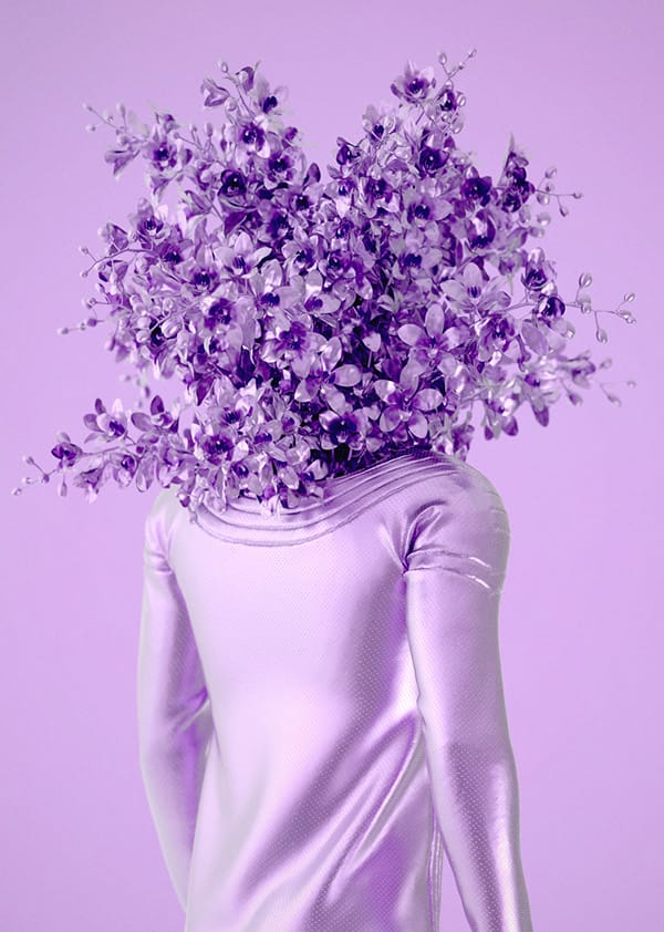 Illustration tout en violet/mauve, buste d'une personne de dos, à la place de la tête sort un bouquet de fleur