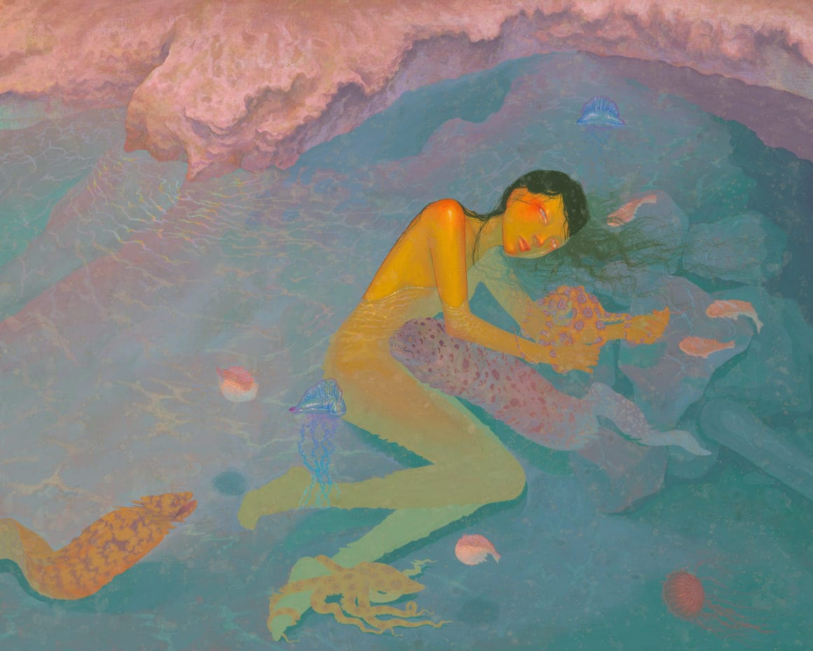 Fuco Ueda, peinture acrylique d'une fille dans l'eau