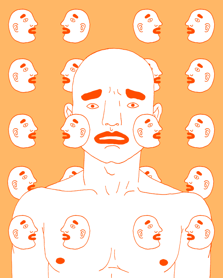 Illustration animée de Jo Mendel : fond orange, un buste d'un homme de face, il cligne des yeux.  Des visages de profil ont la bouche ouverte et une main en sort.