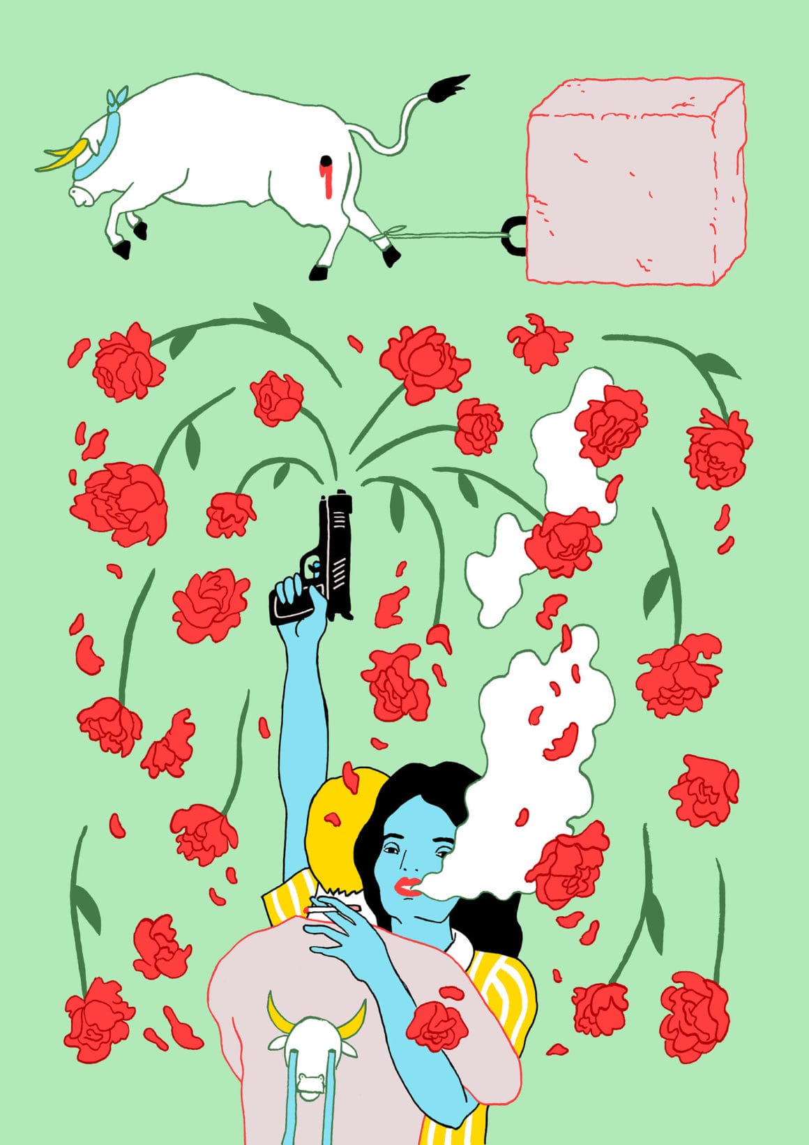 Illustration représentant deux personnes se serrant, celle de face tire des roses  avec une arme à feu. L'autre a un tatouage sur le dos d'un taureau qui pleure.