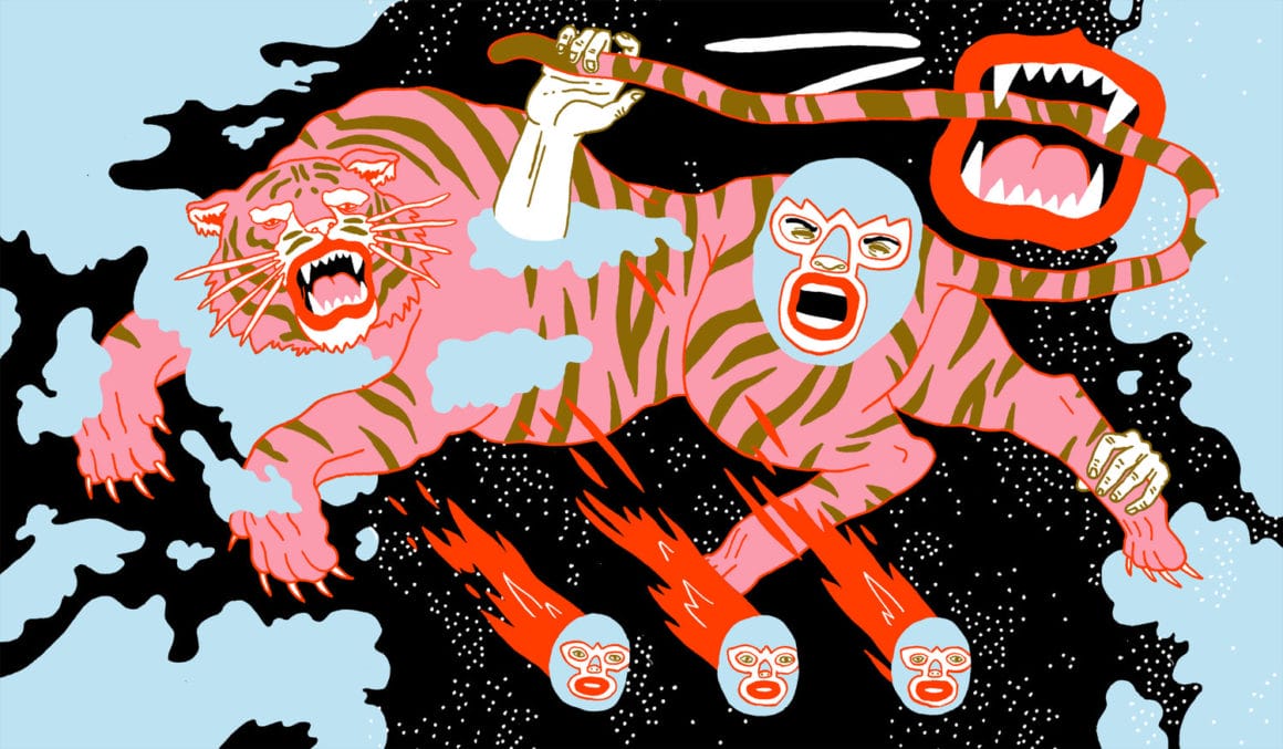 Illustration d'un tigre rose qui semble être dans l'espace et qui se fait attaquer par des visages masqués et par une bouche géante qui mord sa queue.