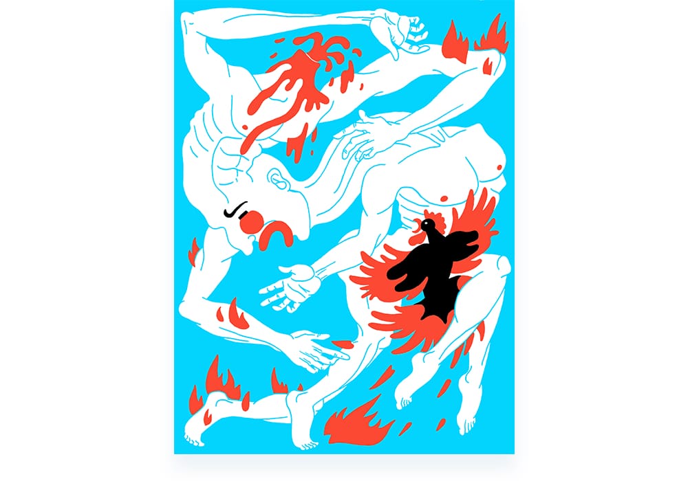 Illustration sur fond bleu de corps luttant contre des flammes rouges et contre un coq noir et rouge