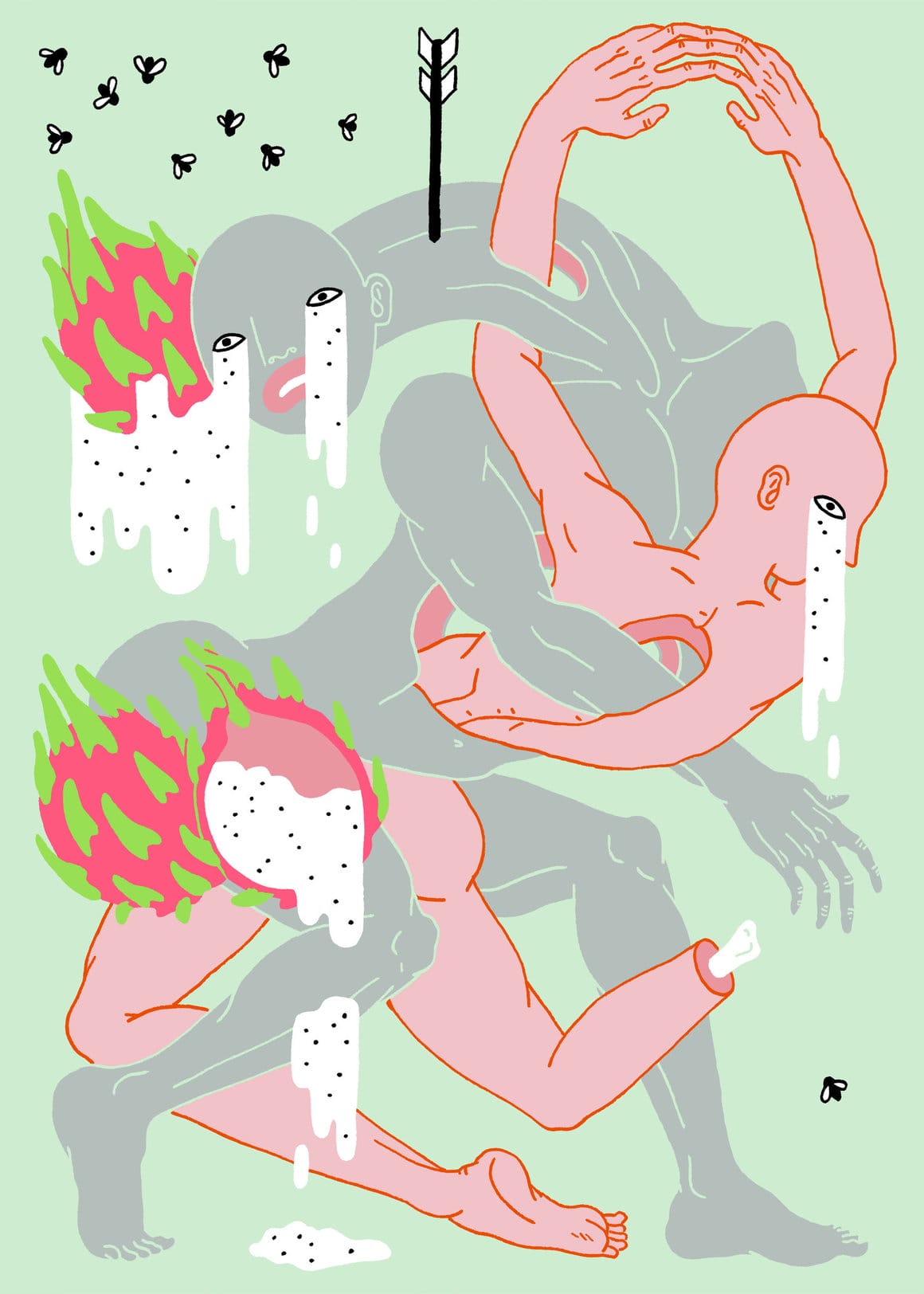 Illustration représentant deux personnes qui passent à travers les trous des corps de l'autre. Des fruits du dragon sont ouverts et les larmes des deux personnages sont comme l'intérieur des fruits (blanc et grains noirs)