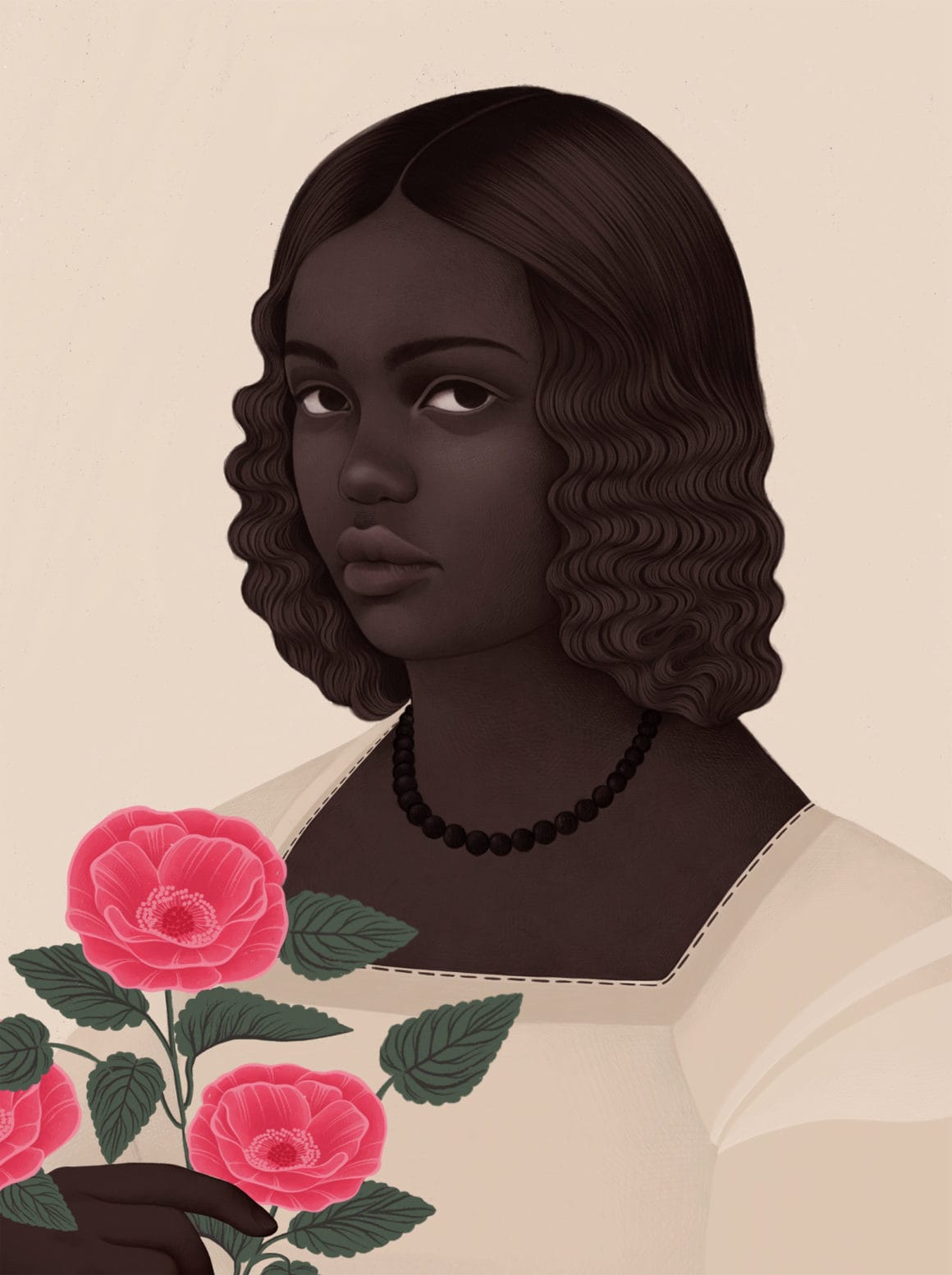 Illustration d'une jeune femme à la peau aussi brune que ses cheveux, qui nous regarde fixement. Elle tient des roses dans sa main.