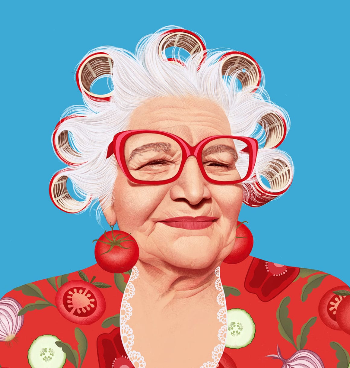 Illustration d'une vieille femme qui a des bigoudis rouges dans les cheveux. Elle porte des boucles d'oreille tomates et des rondelles de légumes sont représentés sur son vêtement rouge.