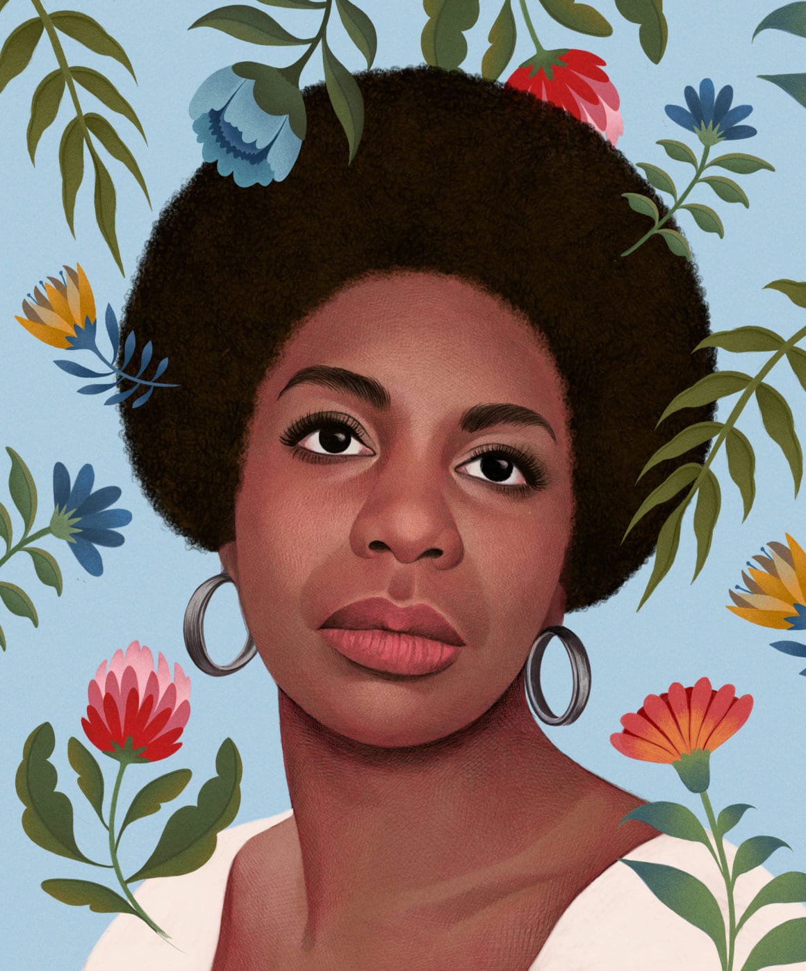 Portrait de Nina Simone entourée de fleurs