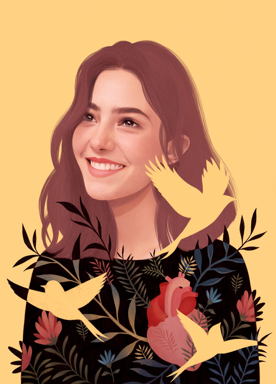 Portrait d'une jeune femme souriante, peau beige/rosée. Sur elle se découpent des formes d'oiseaux de la même couleur jaune que le fond ainsi que des fleurs et un coeur humain.