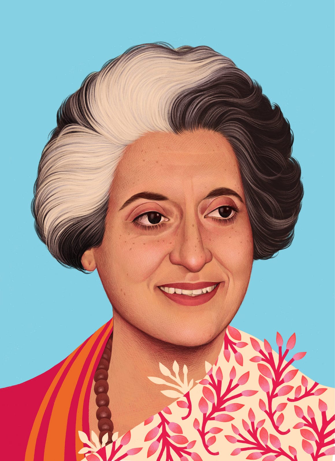 Portrait de Indira Ghandi sur fond bleu, elle sourit et porte une tenue qui est, du côté droit, recouvert de branches fleuries.