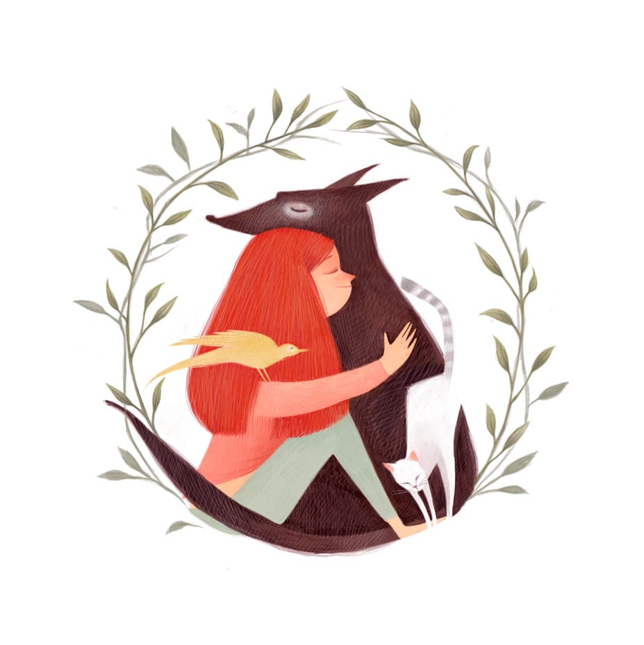 Dans un cercle de branchage et de feuilles, une jeune fille rousse et un chien, un oiseau et un chat se câlinent.