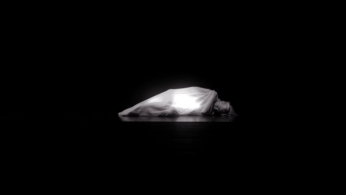 Arrêt sur image en noir et blanc, une danseuse est enroulée dans un tissu comme un papillon dans sa chrysalide 