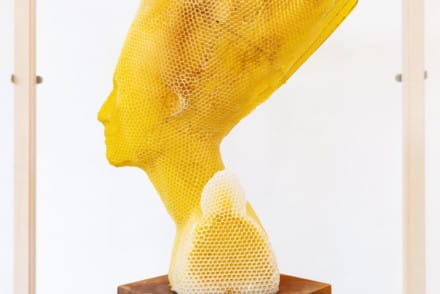 Buste de Néfertiti réalisé en cire d'abeille avec la collaboration des abeilles qui ont creusés leurs niches. Vue de profil.