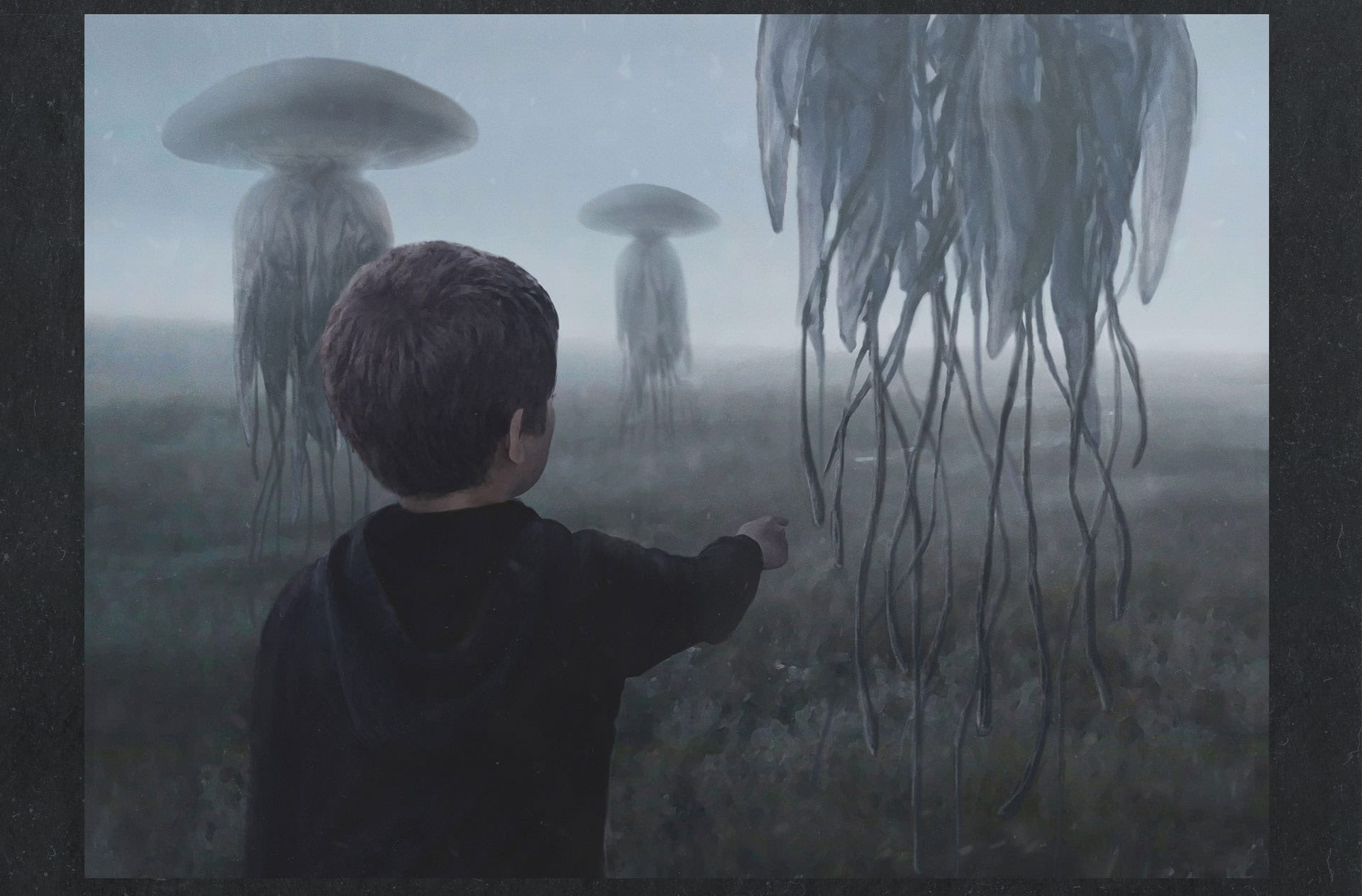 Petit garçon qui montre du doigt des méduses géantes qui flottent dans l'air