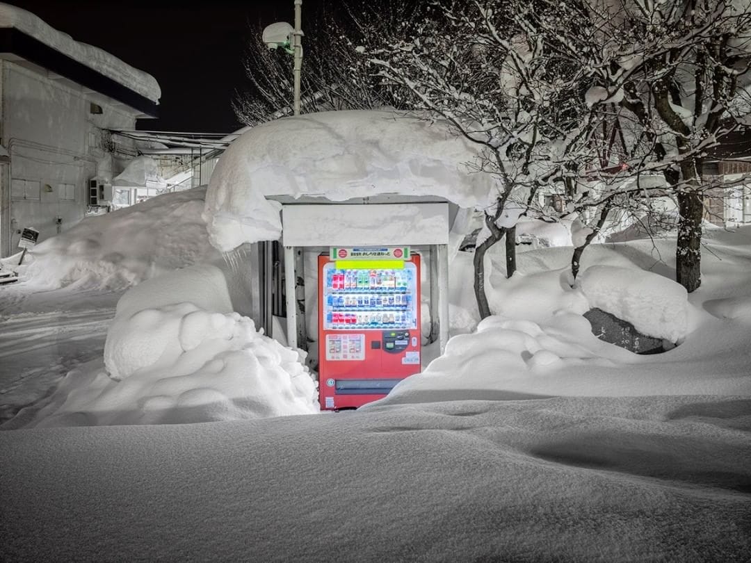 Un distributeur est protégé de la neige qui envahi le reste du paysage